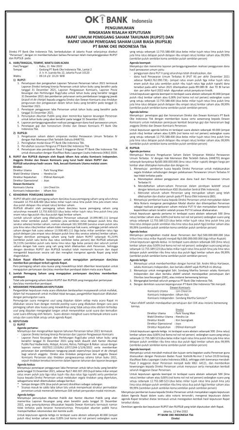 Hasil RUPS Bank Oke Indonesia Tbk DNAR 12 Mei 2022 Dataindonesia id